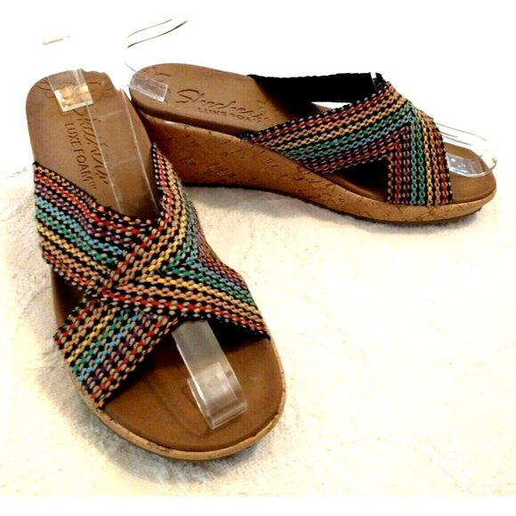 Skechers Woven Beverlee Delighted Mid Heel Wedge Sandals Luxe Foam Women - 7M - Picture 1 of 7